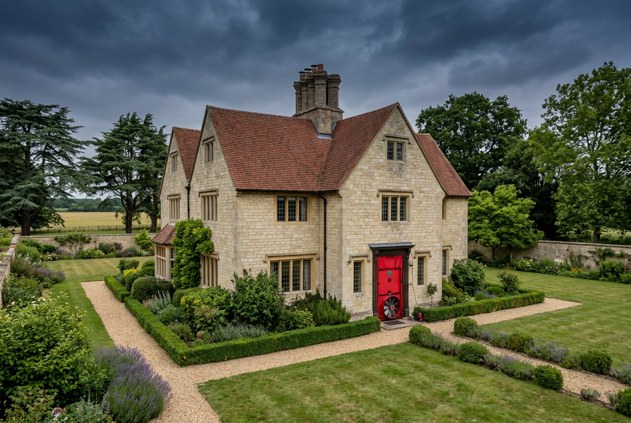 Realistic British stone manor house used to demonstrate building-performance diagnostics